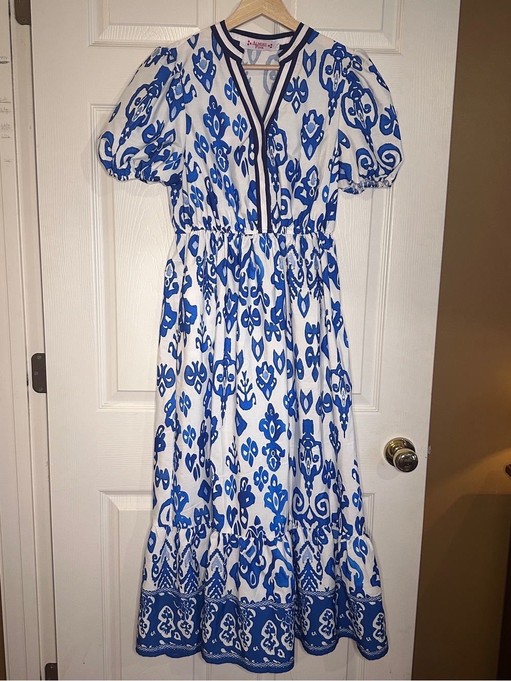 Almost Pink Small Blue and White Ikat Print Midi Dress